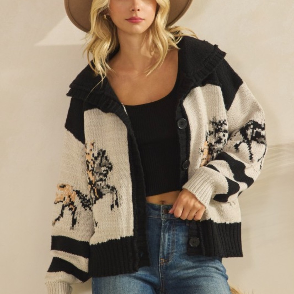 Cozy Horse Western Graphic Wide Collar Button Down Cardigan - Picture 5 of 8